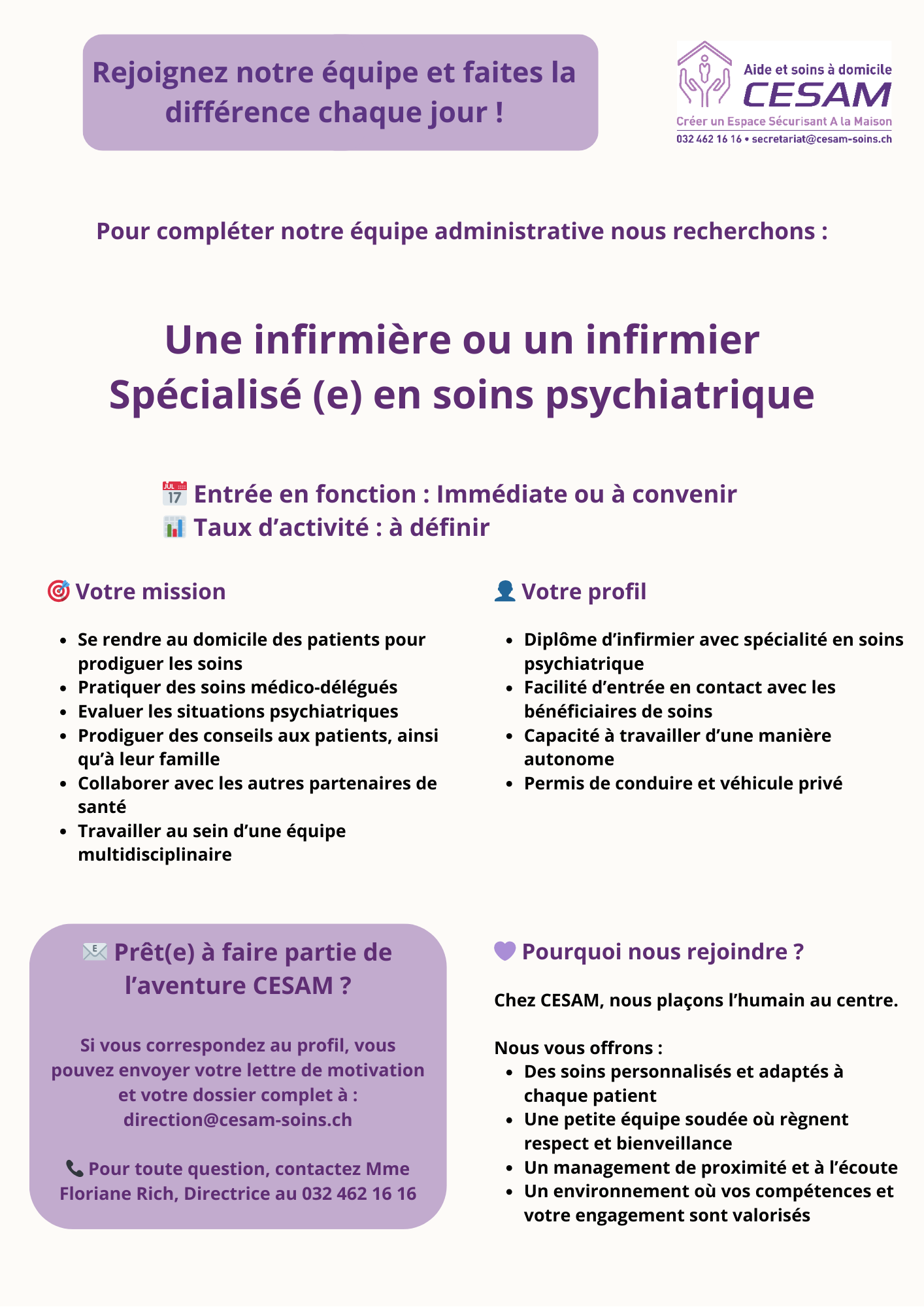 Une infirmière ou un infirmier passionné(e) par le soin à domicile 📅 Entrée en fonction Immédiate ou à convenir 📊 Taux d’activité 60-80%