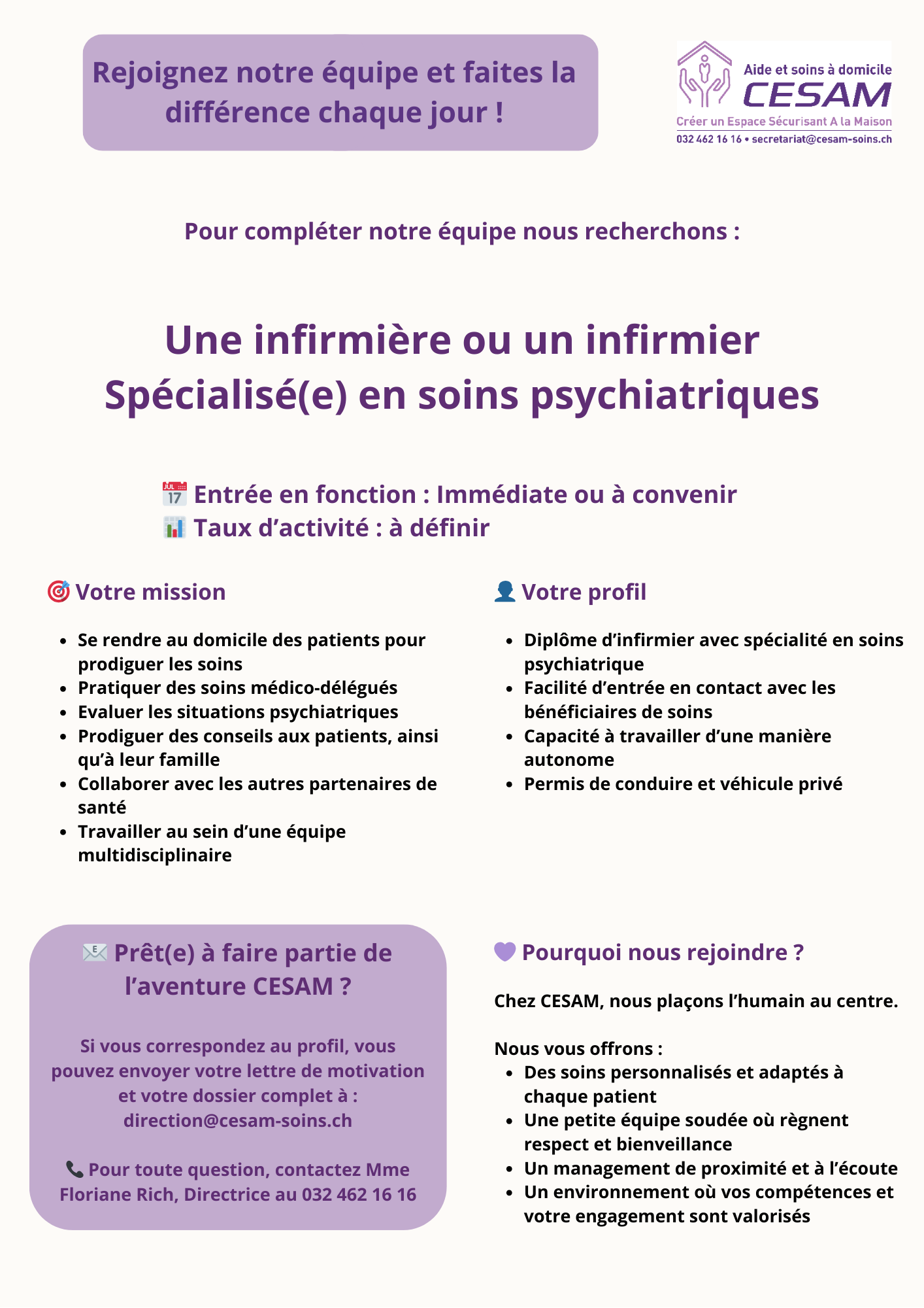 Une infirmière ou un infirmier passionné(e) par le soin à domicile 📅 Entrée en fonction Immédiate ou à convenir 📊 Taux d’activité 60-80%